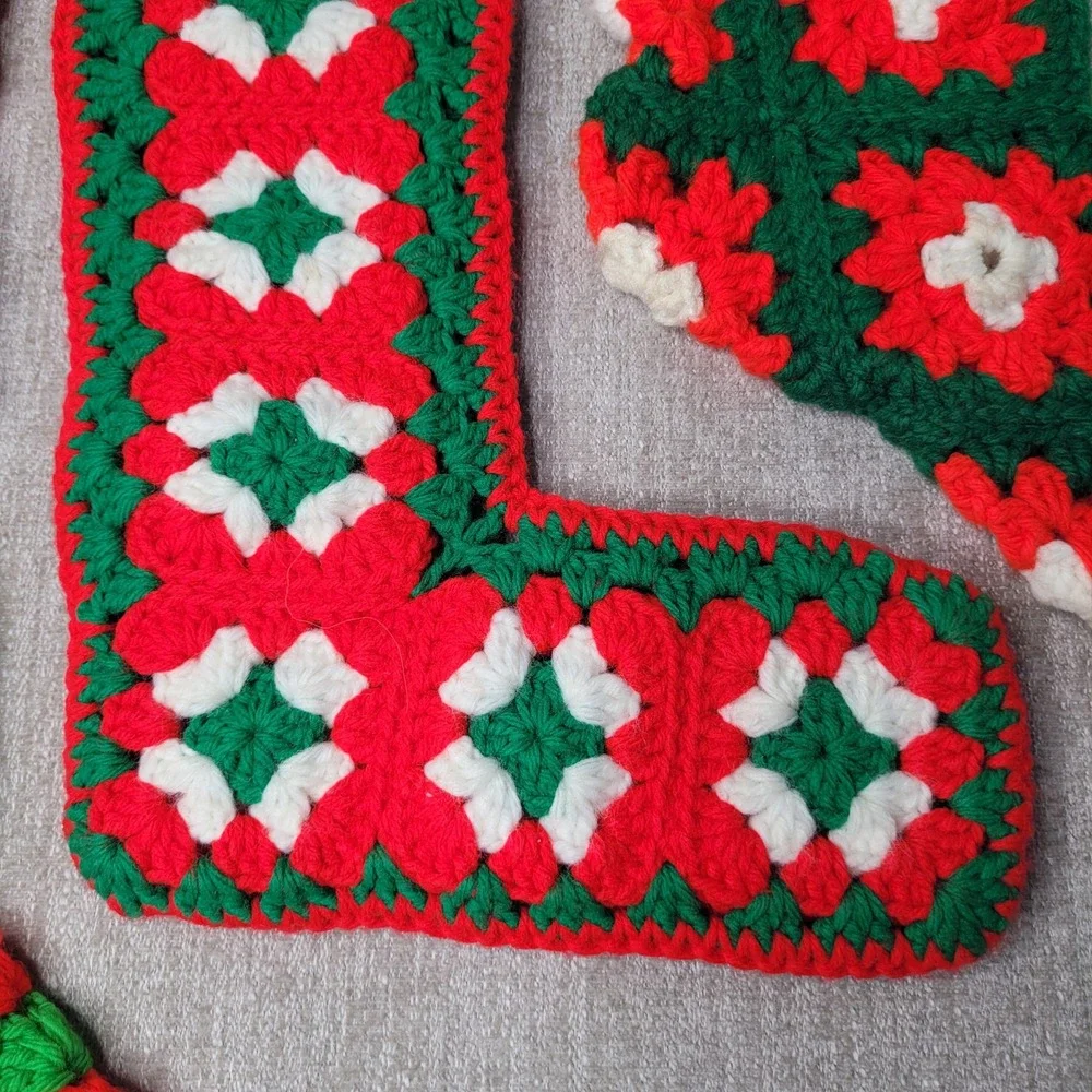 3 Vintage Hand Made Christmas Stockings Red Green White Granny‎ Square Crochet